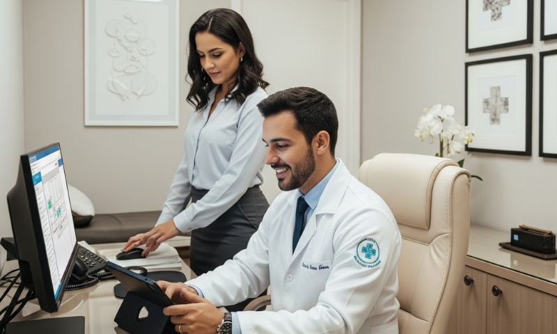 Médico registrando o atendimento no prontuário eletrônico